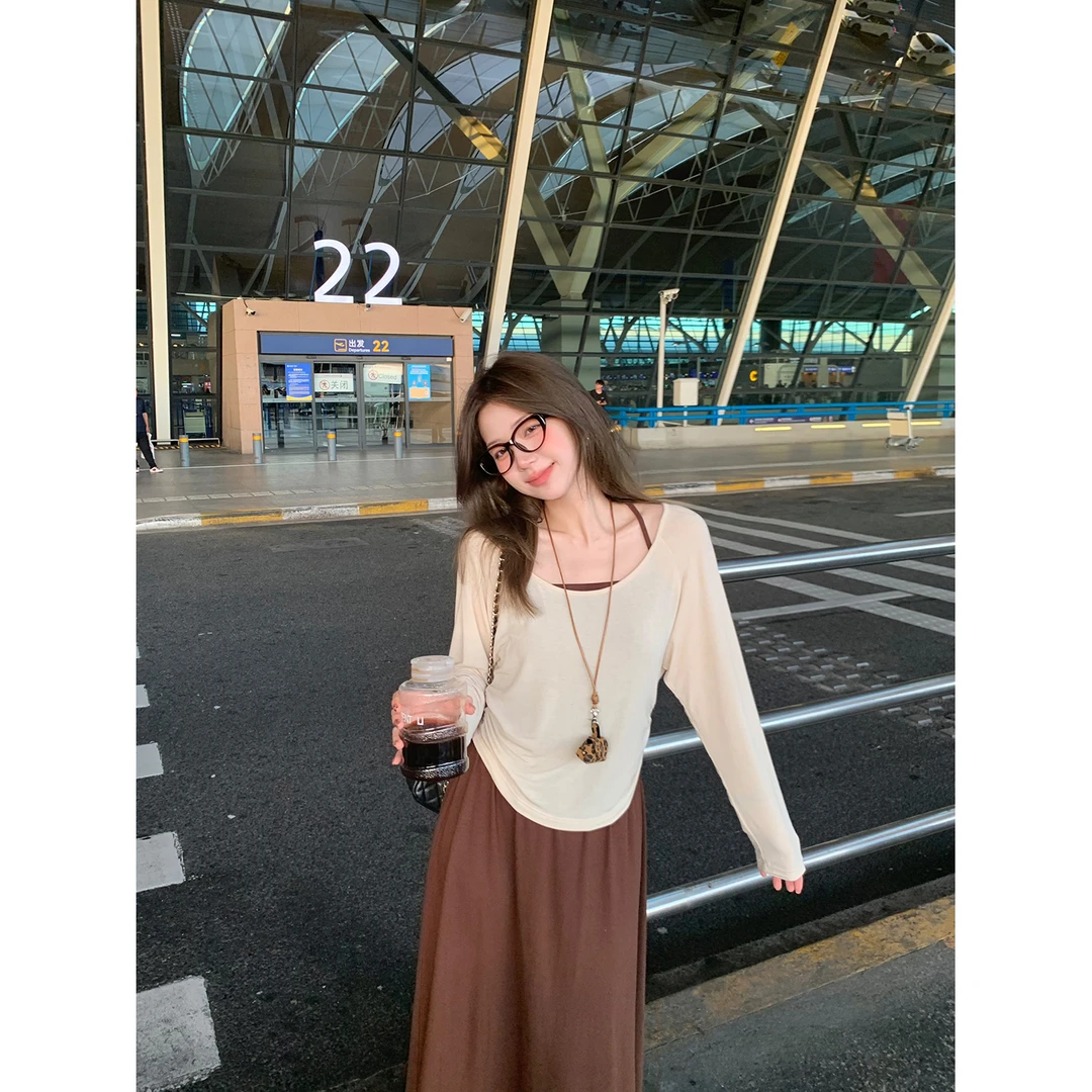 陳文文xenl【洛克漫史】新款慵懒针织长袖罩衫吊带半裙三件套0092