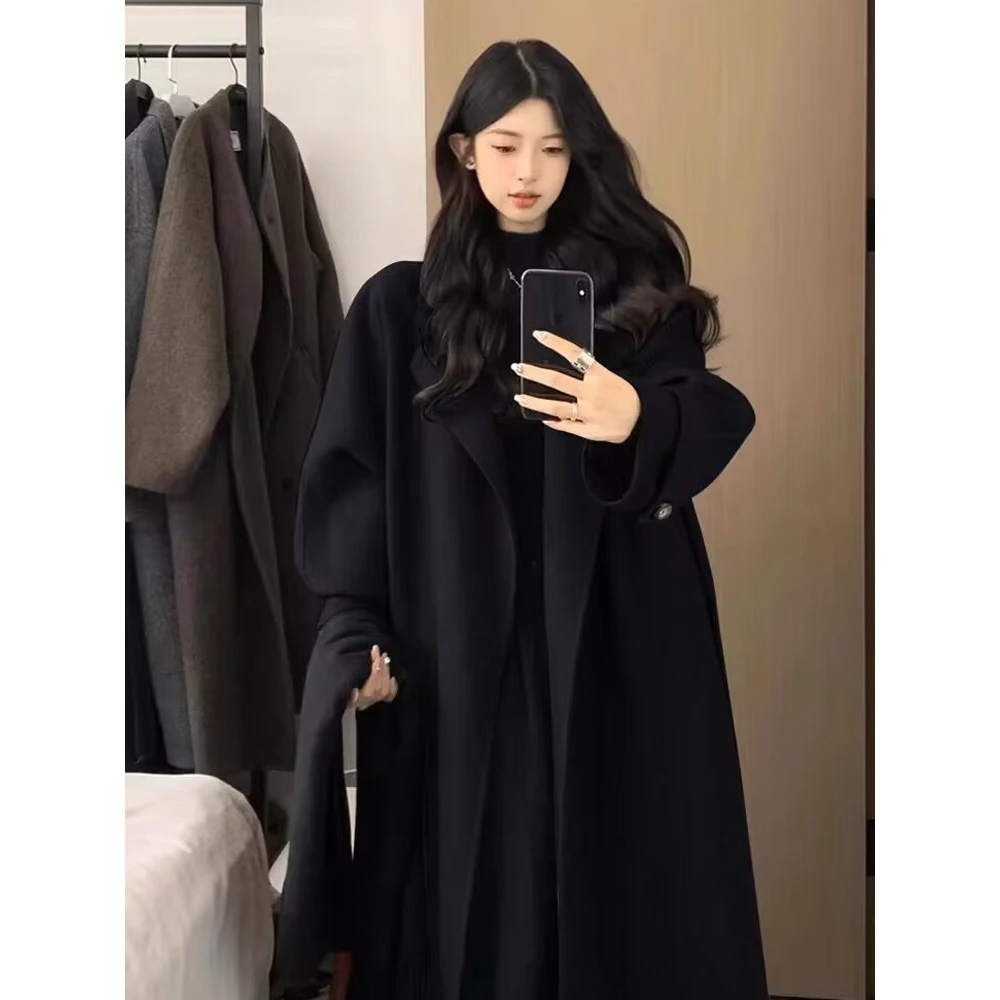 高克重黑色呢子大衣女秋冬季新款毛呢外套感小个子中长款