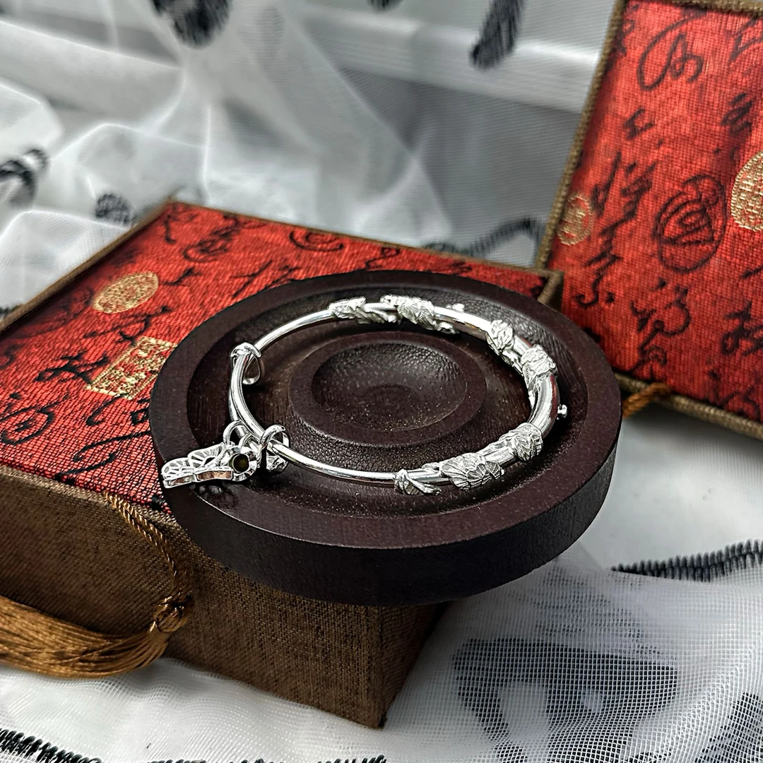 足银手镯 S026 繁花蝴蝶推拉手镯经典百搭手工时尚复古