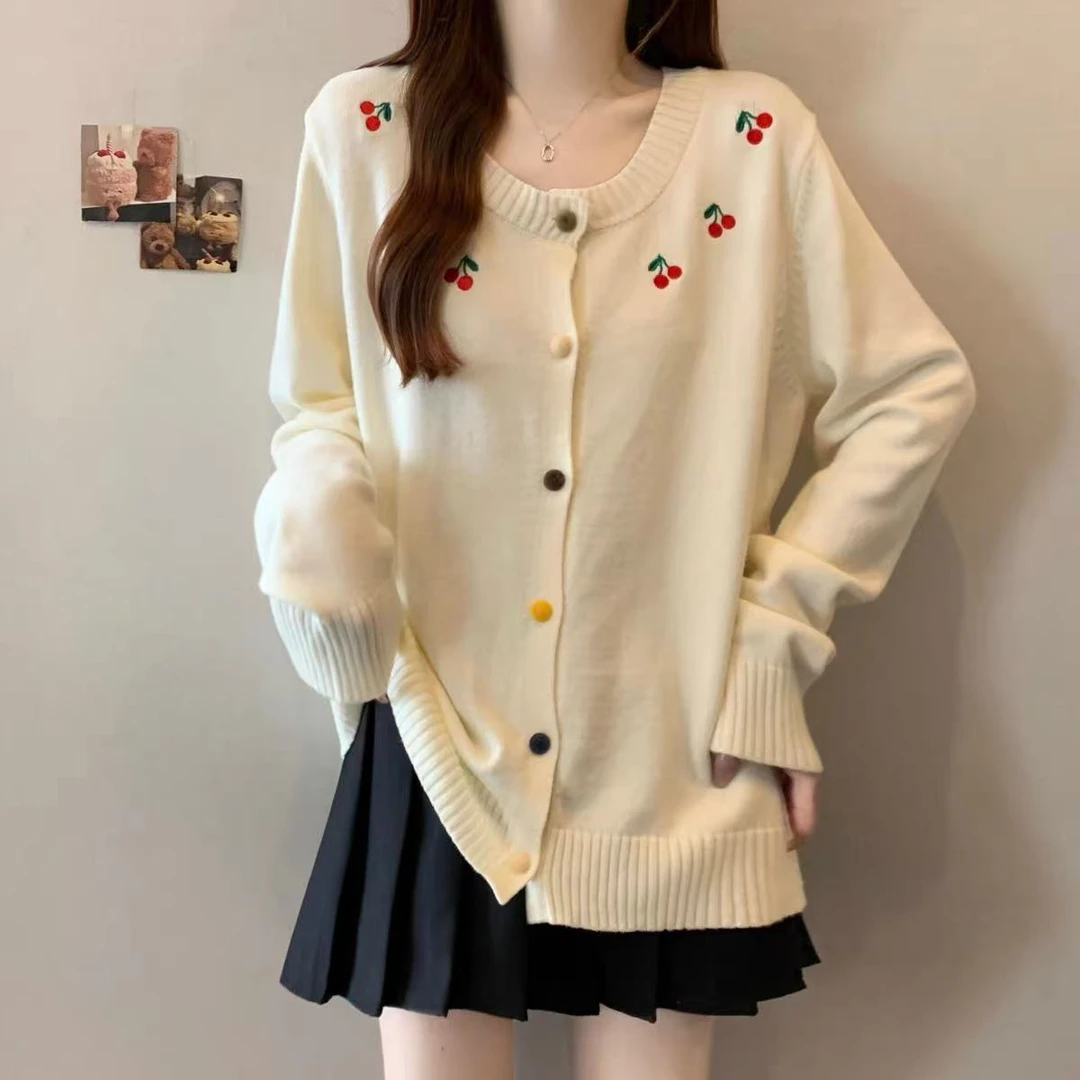 樱桃刺绣薄款针织开衫女2025春新款大码胖中彩色扣上衣-HBMZ7008