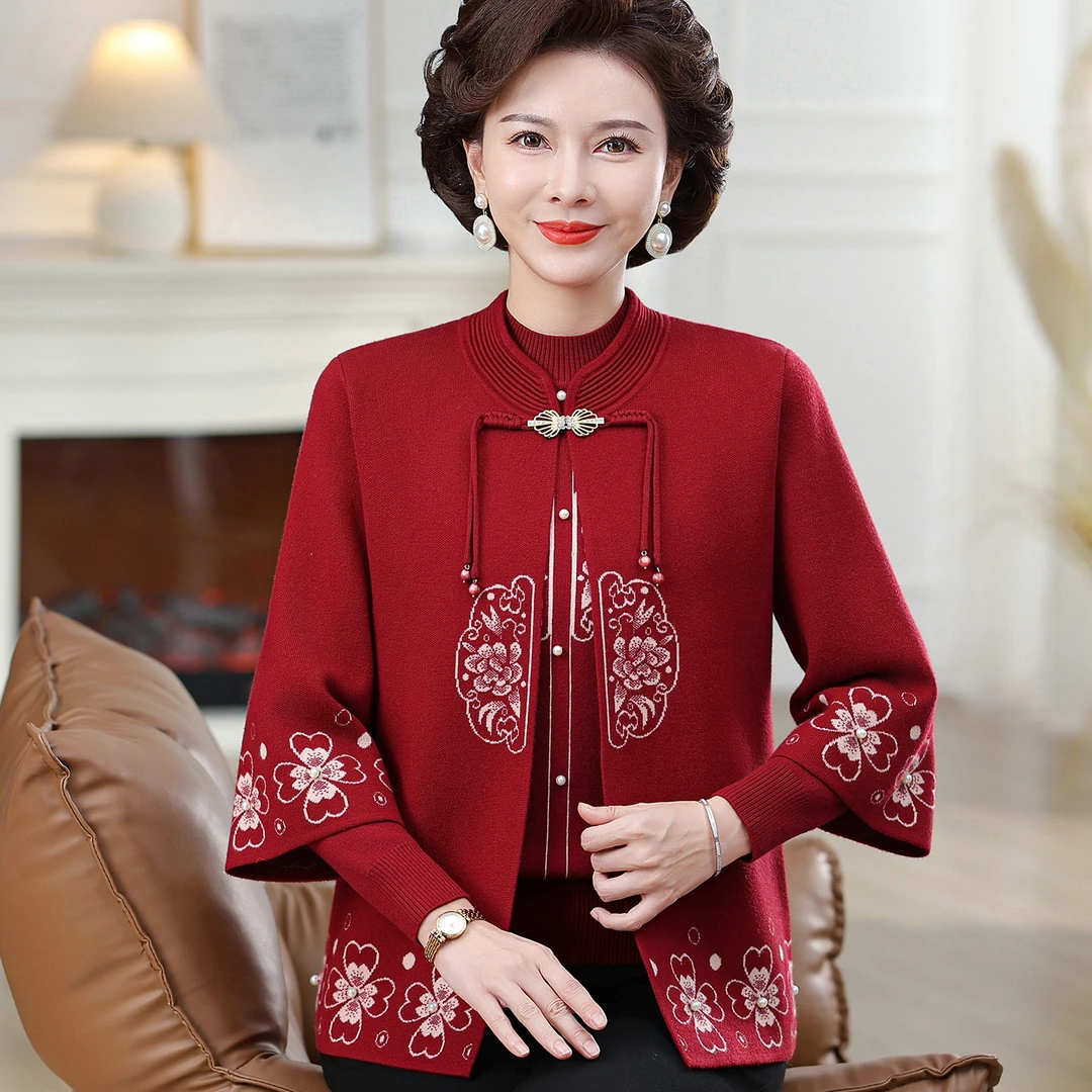 新款洋气妈妈秋装针织两件套装2025中老年人女装春秋时尚开衫外套