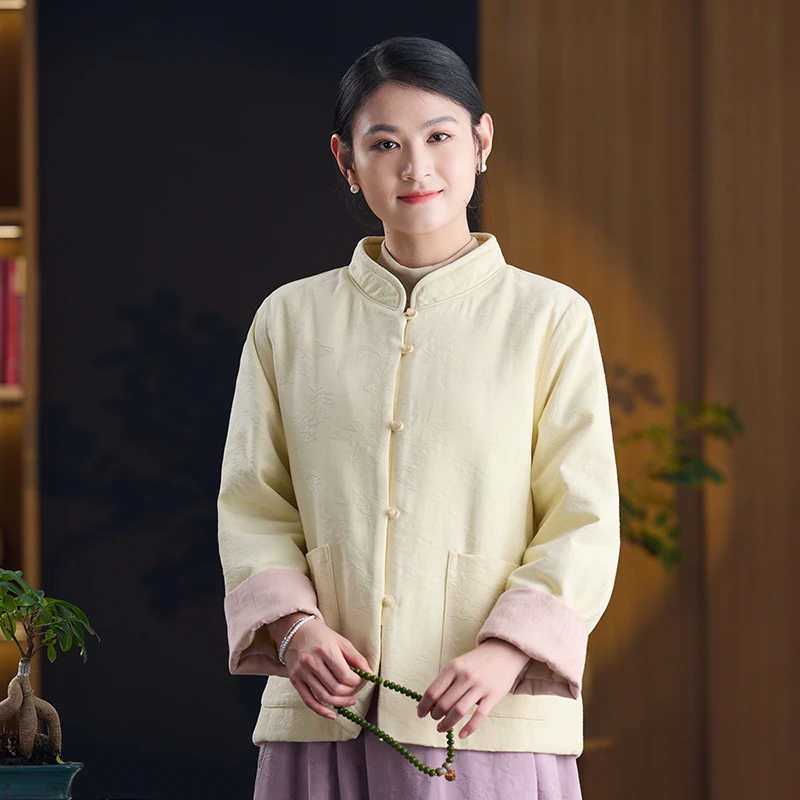 高级感新中式国风短款棉服2025秋冬新款气质盘扣唐装提花棉袄外套