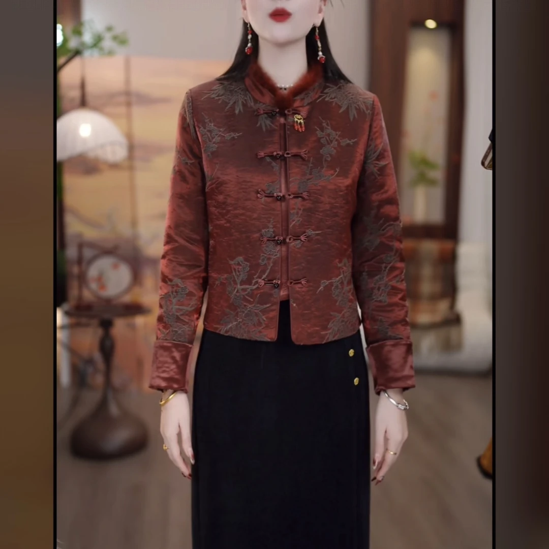 【外套】2025冬季新款洋气时尚气质花鸟纹新中式石榴红国风保暖外套