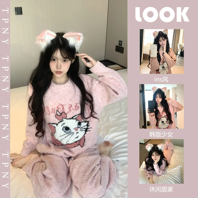 少女可爱玛丽猫针织半边绒睡衣女冬季新款2025保暖长裤家居服套装