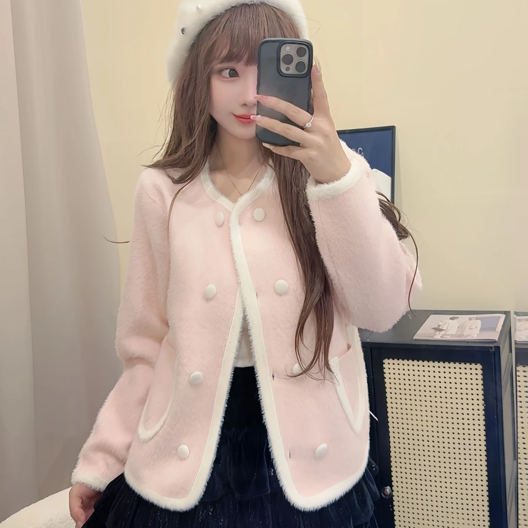 【艾丽莎定制】春秋冬仿水貂绒新款小个子双排扣软糯开衫上衣w-133