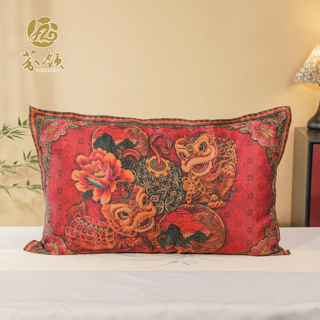 芬领-富贵舞狮-新中式桑蚕丝香云纱46*70cm提花单面枕套T512
