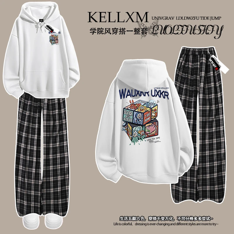 海绵宝宝仿卡通刺绣男女童连帽卫衣格子裤套装中大童休闲潮流穿搭