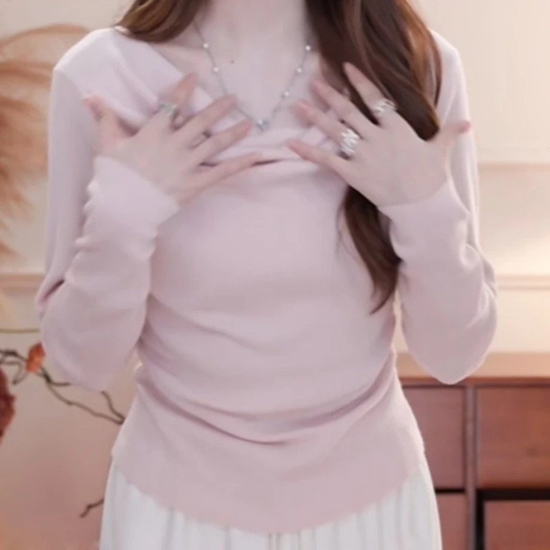 粉色甜美小香风荡领毛针织衫女捏褶收腰上衣LK2507693