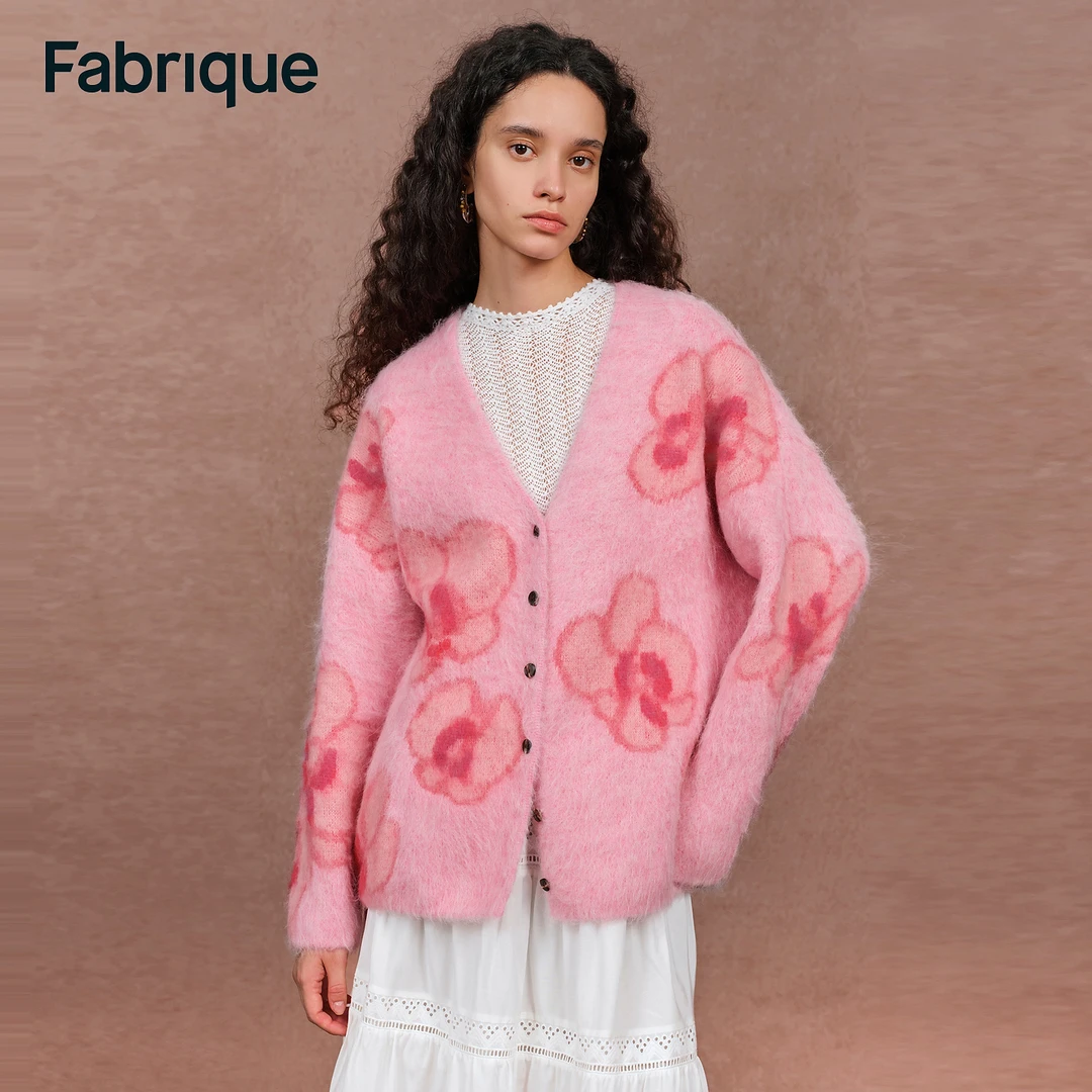 Fabrique Juliet 秋冬新品粉黛蝴蝶兰提花休闲羊驼毛V领针织开衫