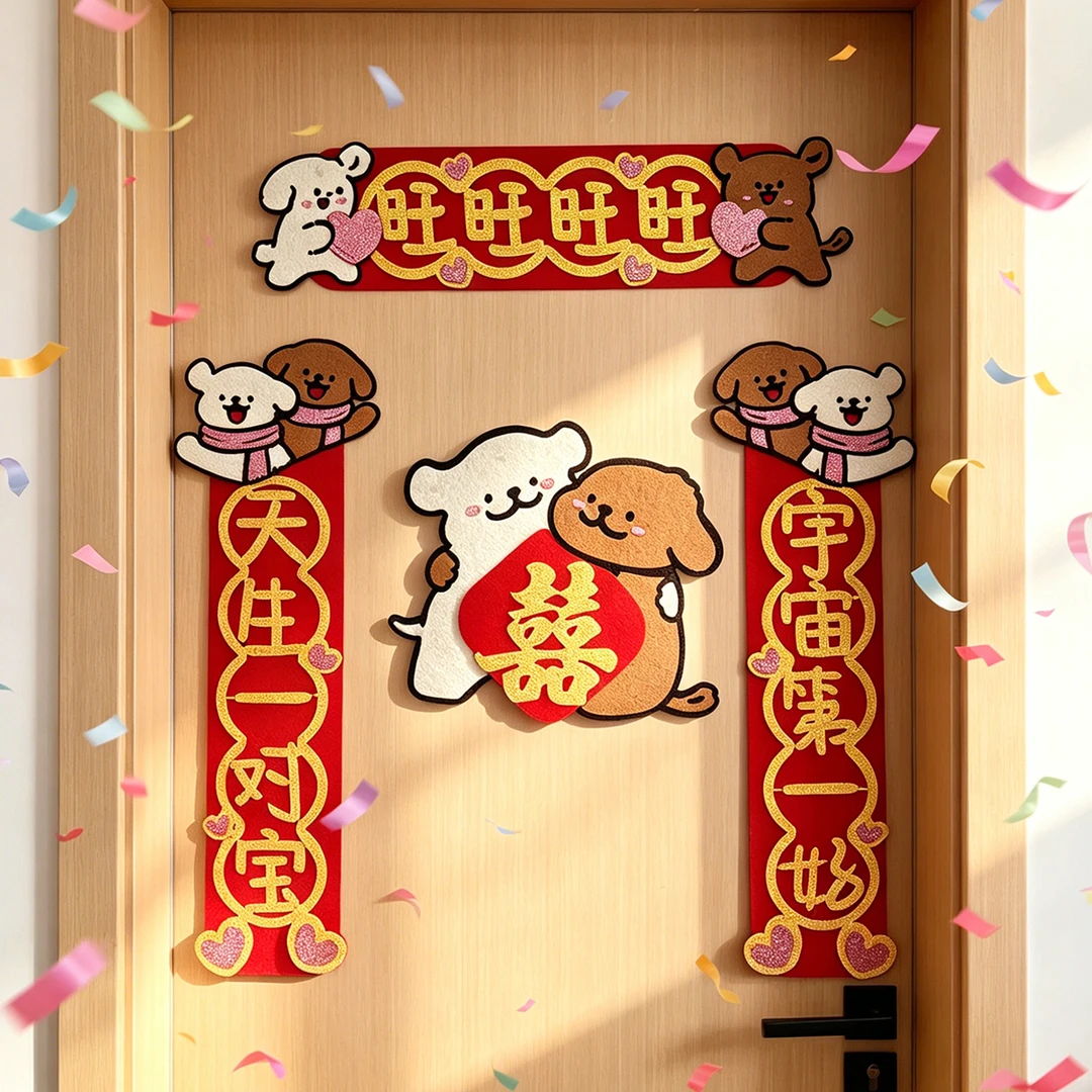无纺布线条小狗结婚对联女方出嫁男方婚房装饰喜联入户门贴喜字