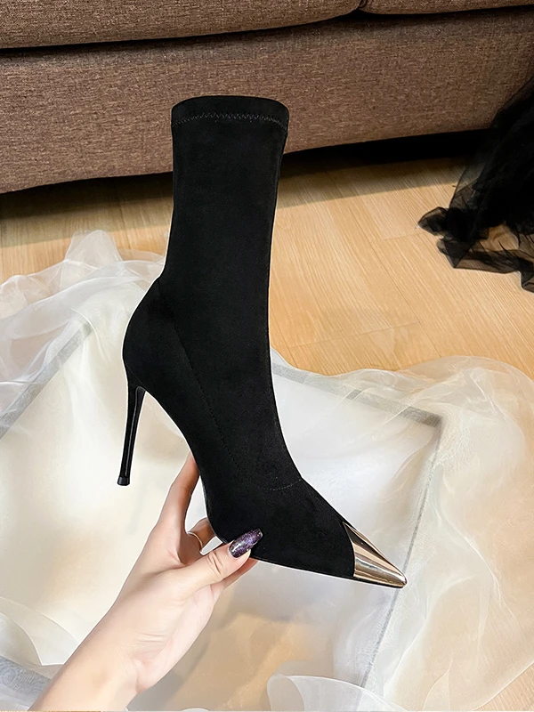 高跟短靴女2025年新款秋冬黑色尖头细跟弹力瘦瘦靴中筒袜靴单靴女