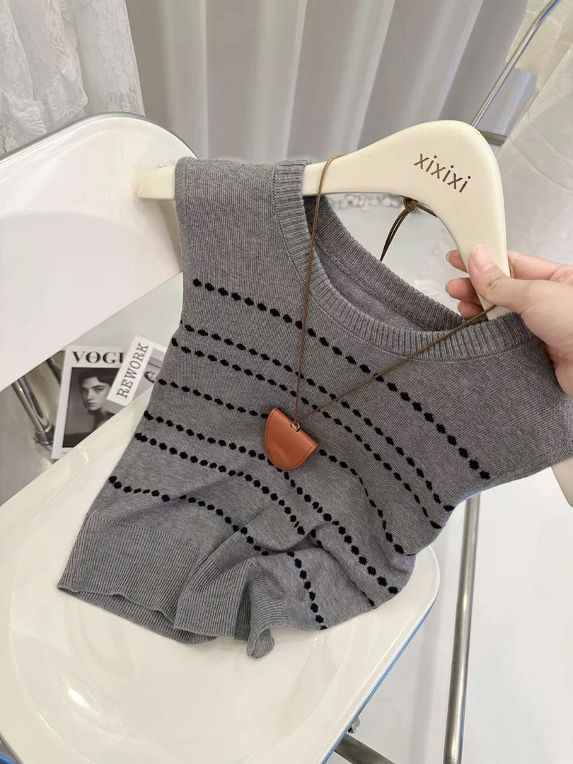 圆领无袖2025年夏季新款针织拼接女毛针织衫百搭编织气质新中式