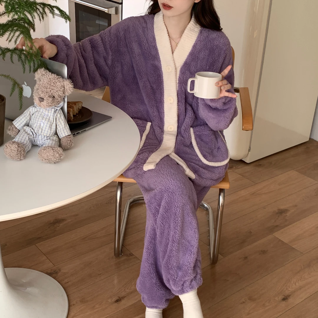 高级感珊瑚绒睡衣女款爆款2025新款秋冬款开衫V领加厚加绒家居服