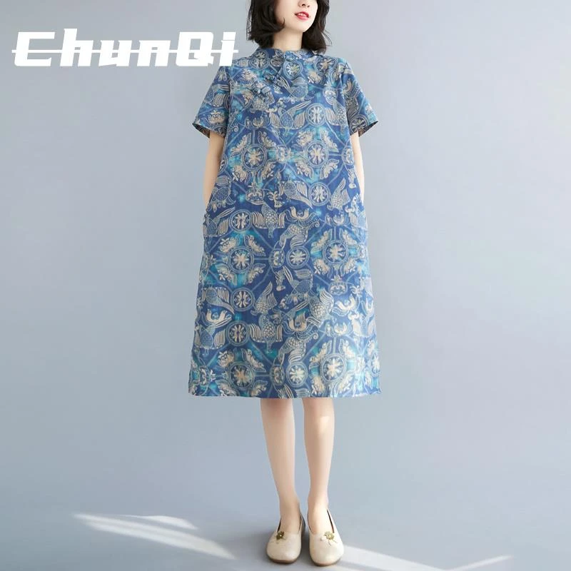 淳启大码洋气夏季新款时尚中式改良旗袍宽松中长款连衣裙复古女装