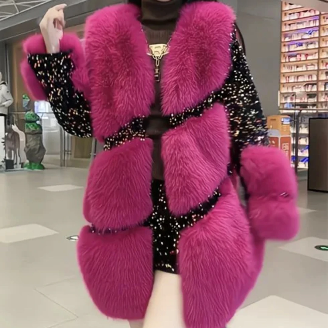 减龄气质亮片托卡皮毛外套拼接时尚时尚女装