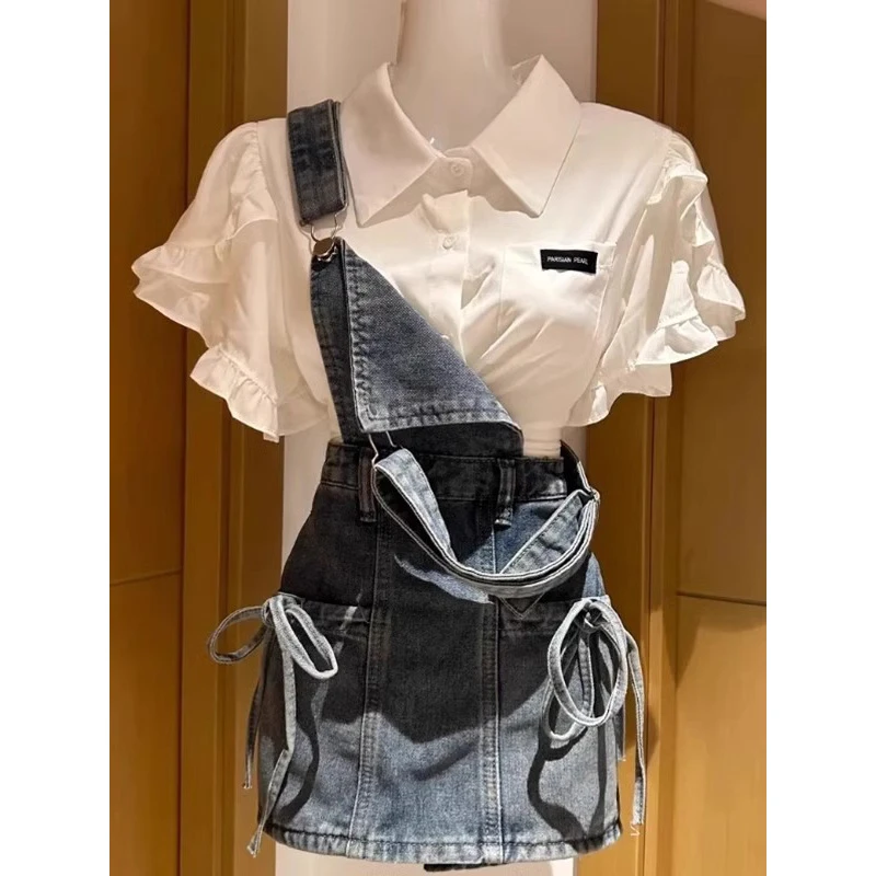 学院风polo领短袖白色衬衫牛仔短款背带裙两件套装女2025夏季新款