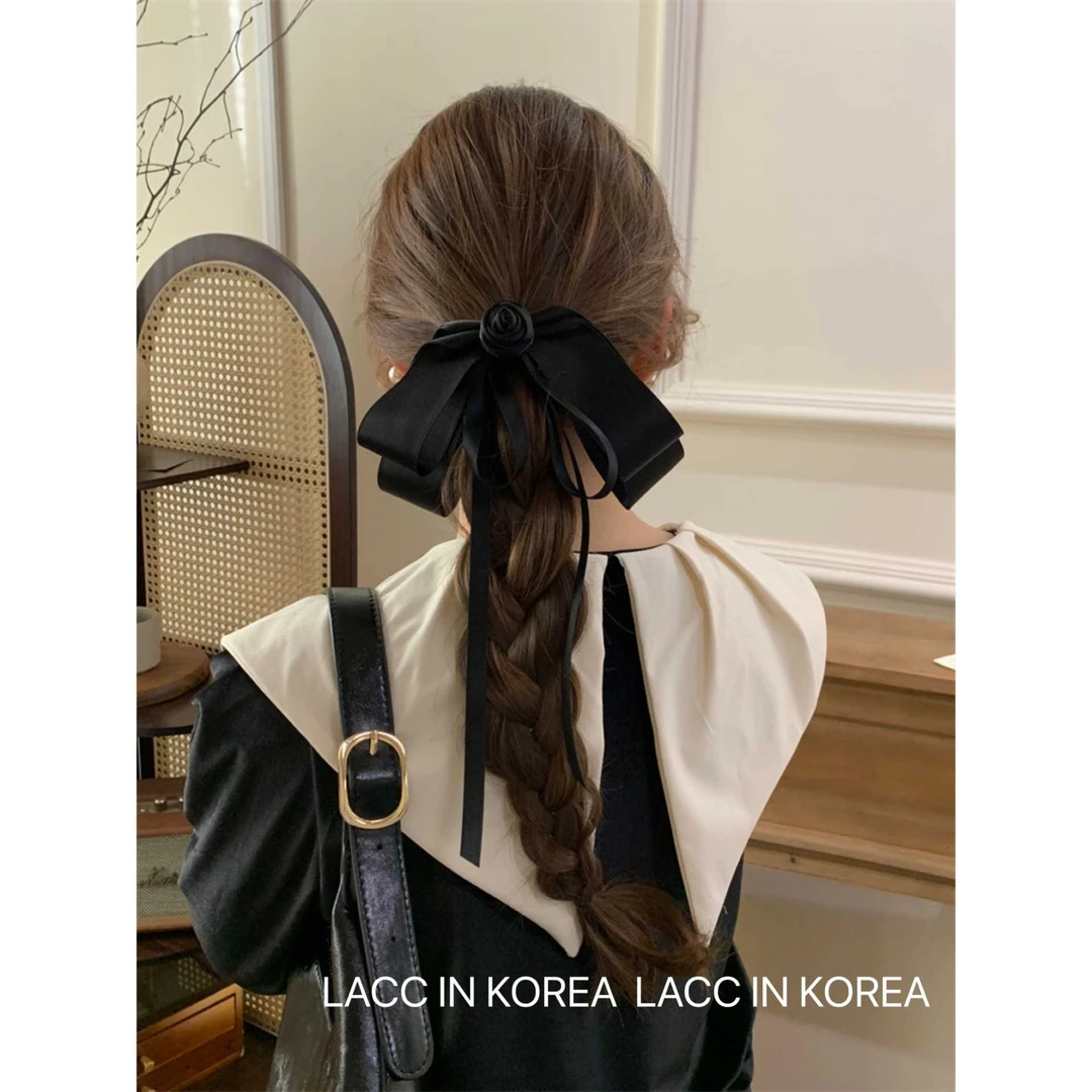 韩国复古黑色山茶花飘带发夹2025新款后脑勺蝴蝶结盘发头饰顶夹女