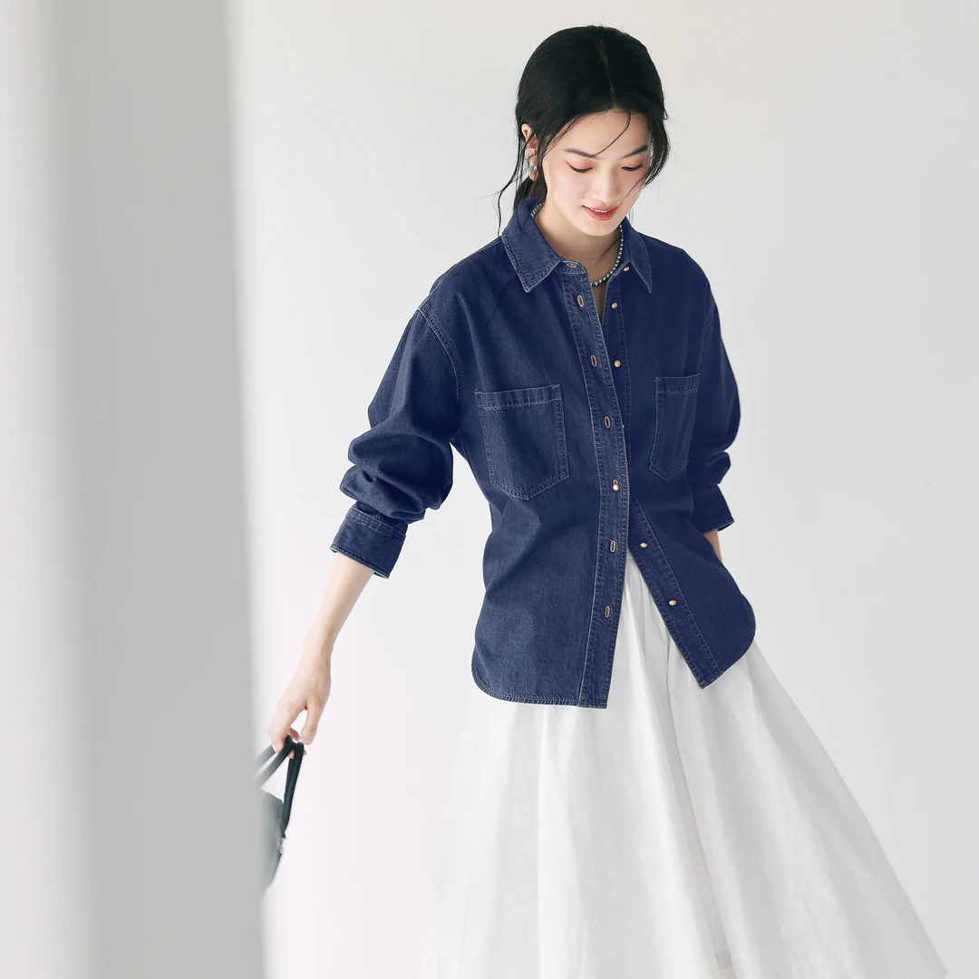 伊芙丽通勤丹宁牛仔衬衫上衣女2025年百搭新款百搭外套欧若风