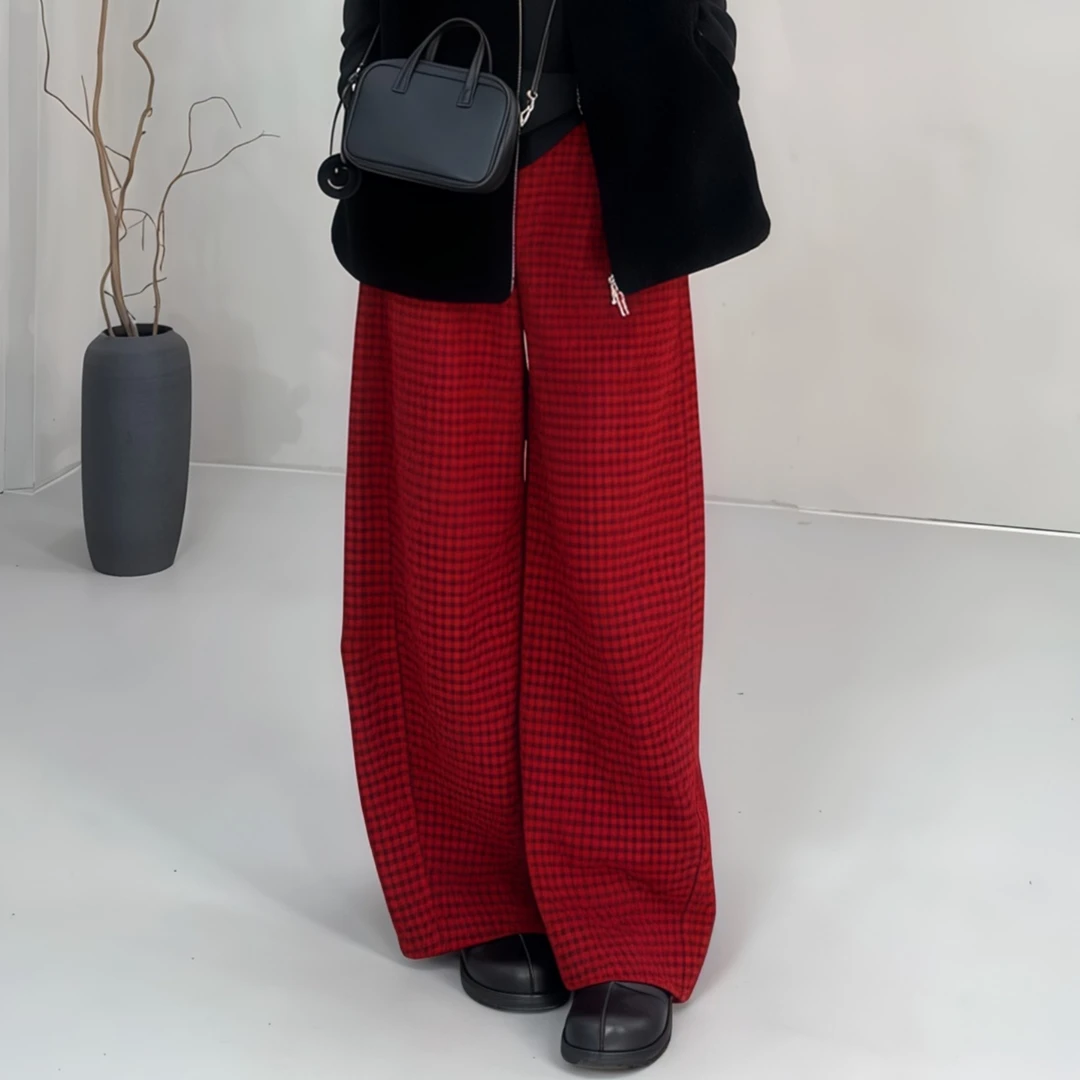 慵懒风格子腰带休闲裤女2025秋季新款大码胖MM时尚垂感百搭裤子