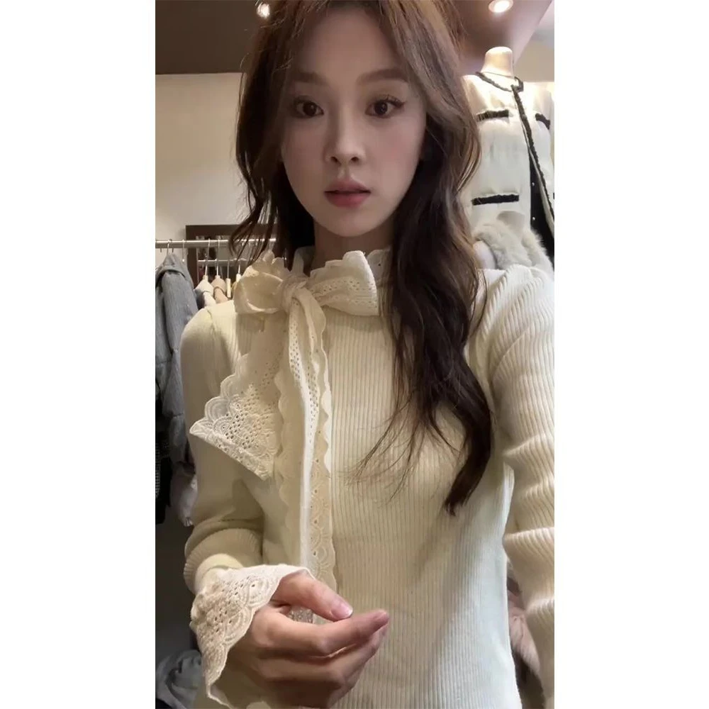 蕾丝蝴蝶结时尚新款好看甜美日系风长袖T恤女时尚显瘦独特上衣女