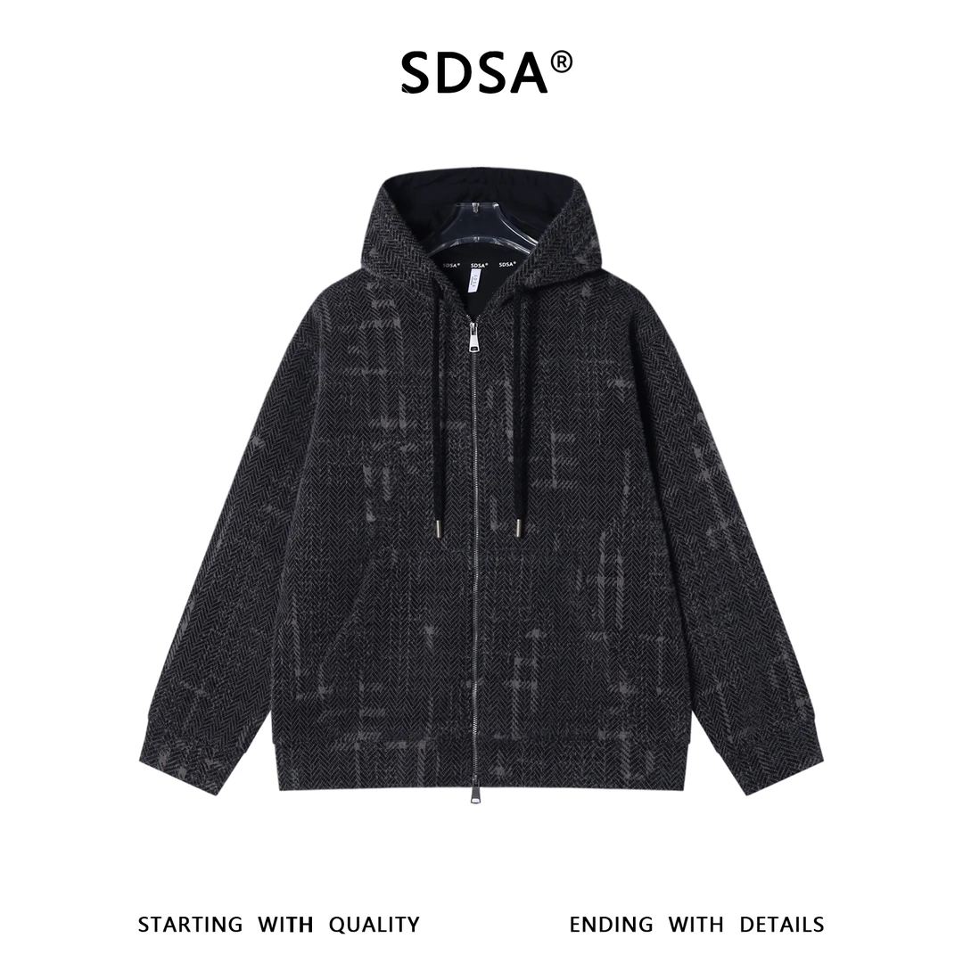 SDSA男士秋冬新款痞帅男装潮牌撞色波浪线绒毛拉链连帽卫衣宽松