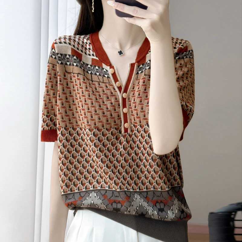 时尚品牌女装夏季新款气质复古撞色针织衫V领时尚提花百搭短袖