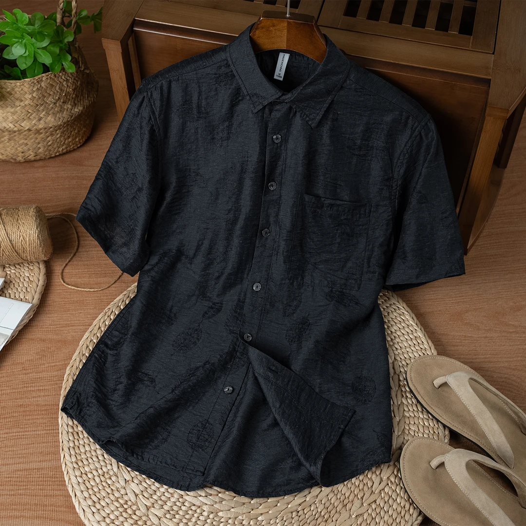 麻尚生活亚麻宽松薄款夏季短袖提花衬衣宽松型休闲衬衫薄款透气