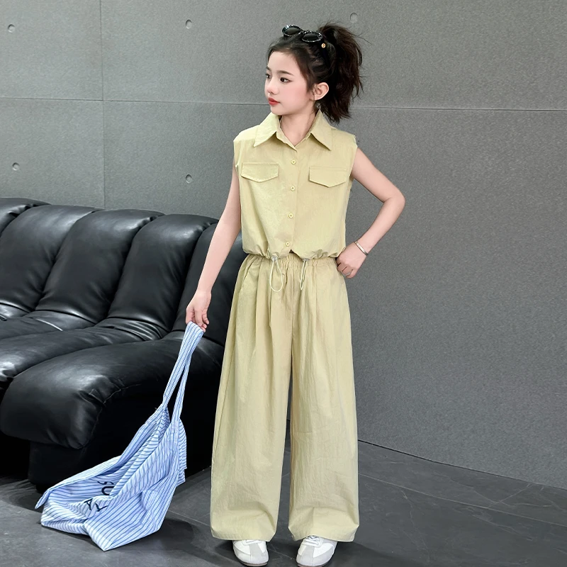 女童套装夏装无袖衬衫开衫上衣搭配女大童夏季阔腿裤一整套3-15岁