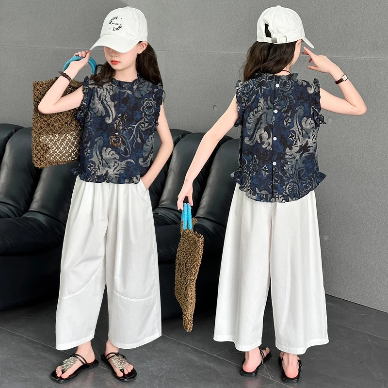 洋气女童无袖木耳边上衣阔腿裤带安全裤套装2025年夏季新款中大童