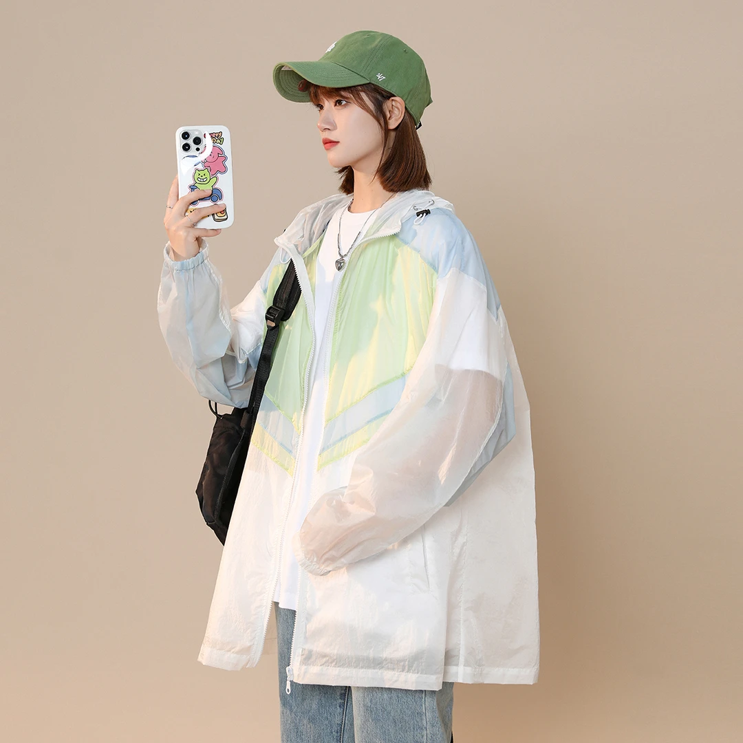 M527美式复古夏季薄款设计感撞色连帽宽松百搭防晒衣外套