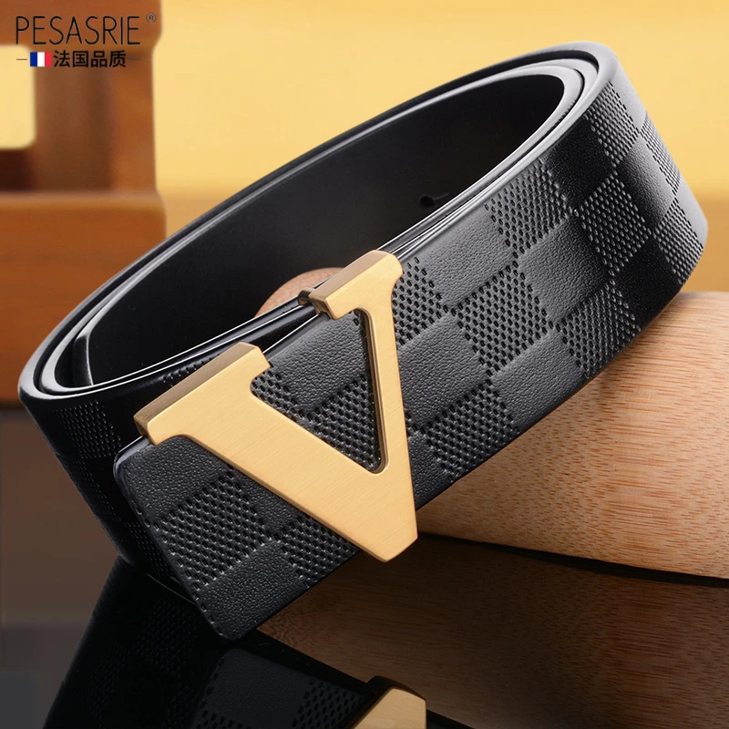 皮带男真皮字母平滑扣时尚潮流格子纹头层纯牛皮轻奢男士腰带礼物