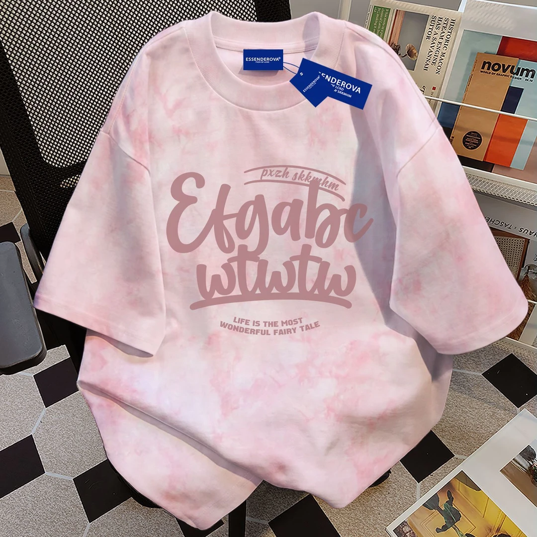 100%纯棉极简个性高级感扎染短袖t恤男女夏季宽松圆领情侣上衣ins