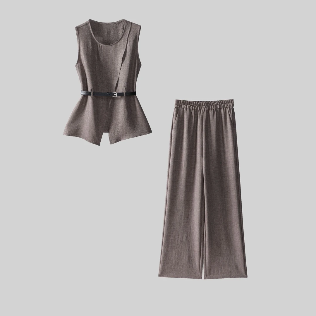 【两件套】时尚套装2025夏新款休闲减龄上衣+阔腿裤+腰带套装L0529