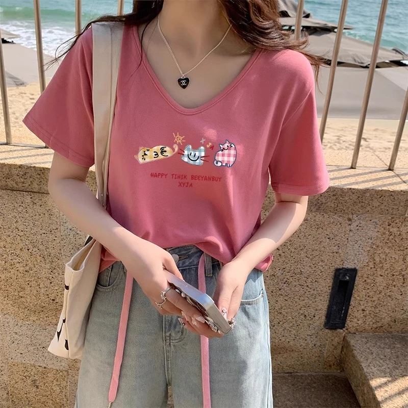 超好看粉色短袖女2025新款夏季多巴胺v领正肩t恤甜妹卡通印花上衣