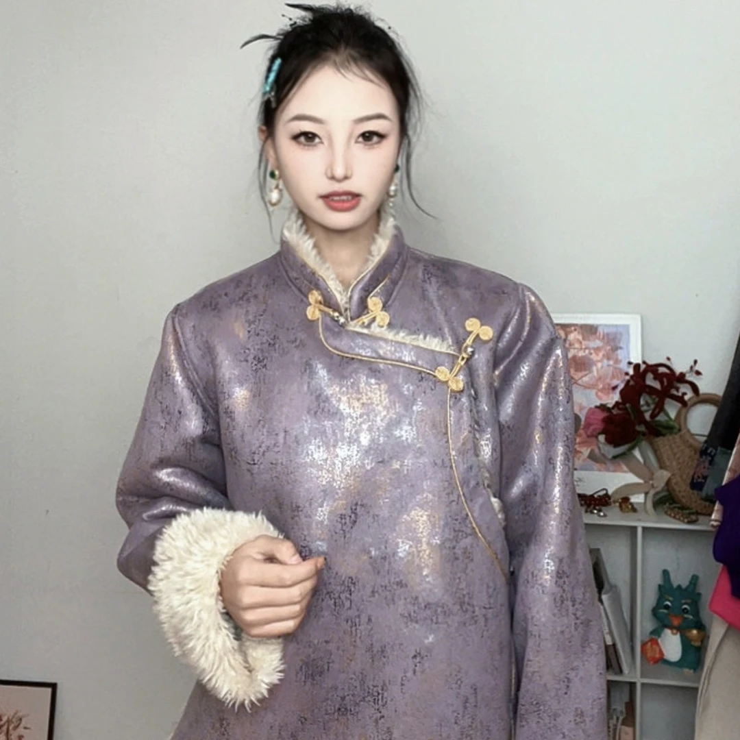 冬季新款加绒加厚P U皮藏式外套保暖宽松民族风复古藏服上衣