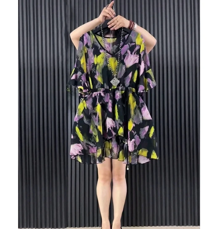 夏季碎花五分袖中长款显瘦时尚气质休闲宽松拼色大码印花雪纺衫