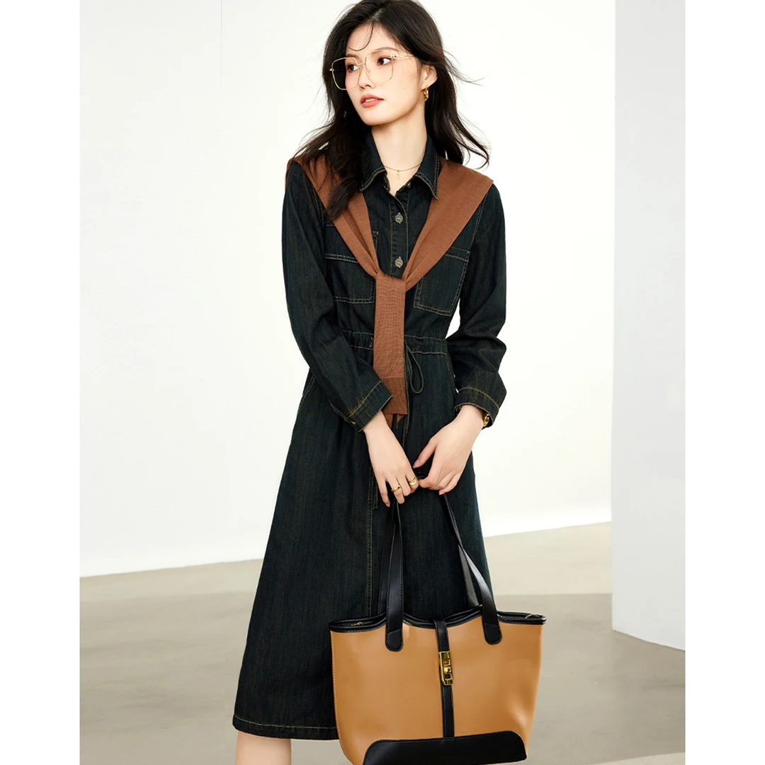 时尚复古气质收腰披肩牛仔连衣裙3133140031