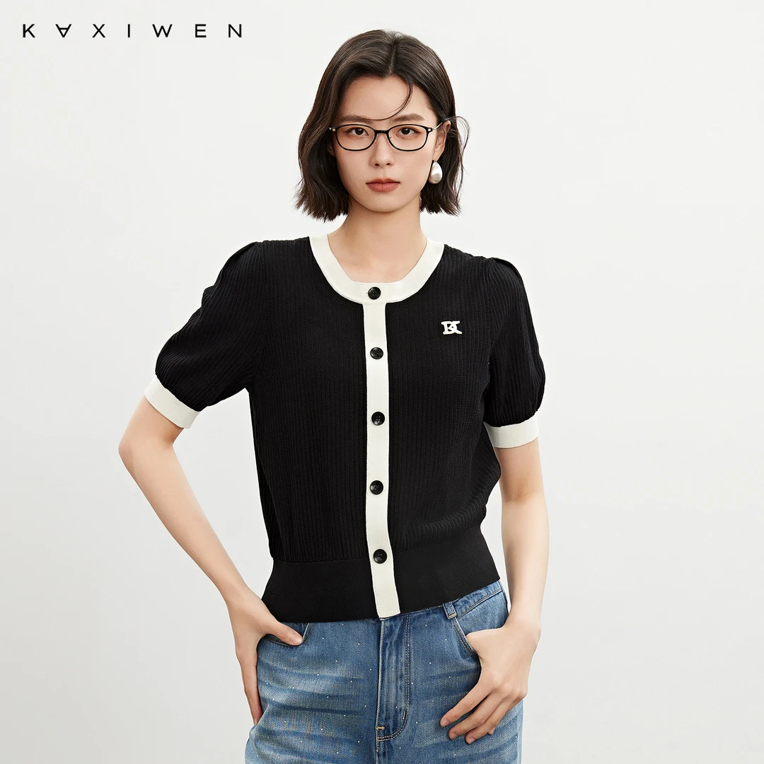 佧茜文时尚百搭撞色边针织衫【春秋】圆领套头短袖上衣女X03AZN2541