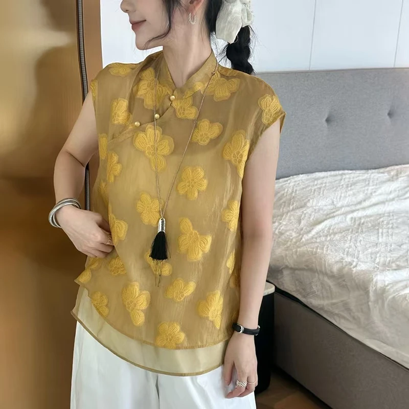 QY6206TTG新中式国风盘扣复古提花接拼欧根纱无袖背心衬衫衬衣女