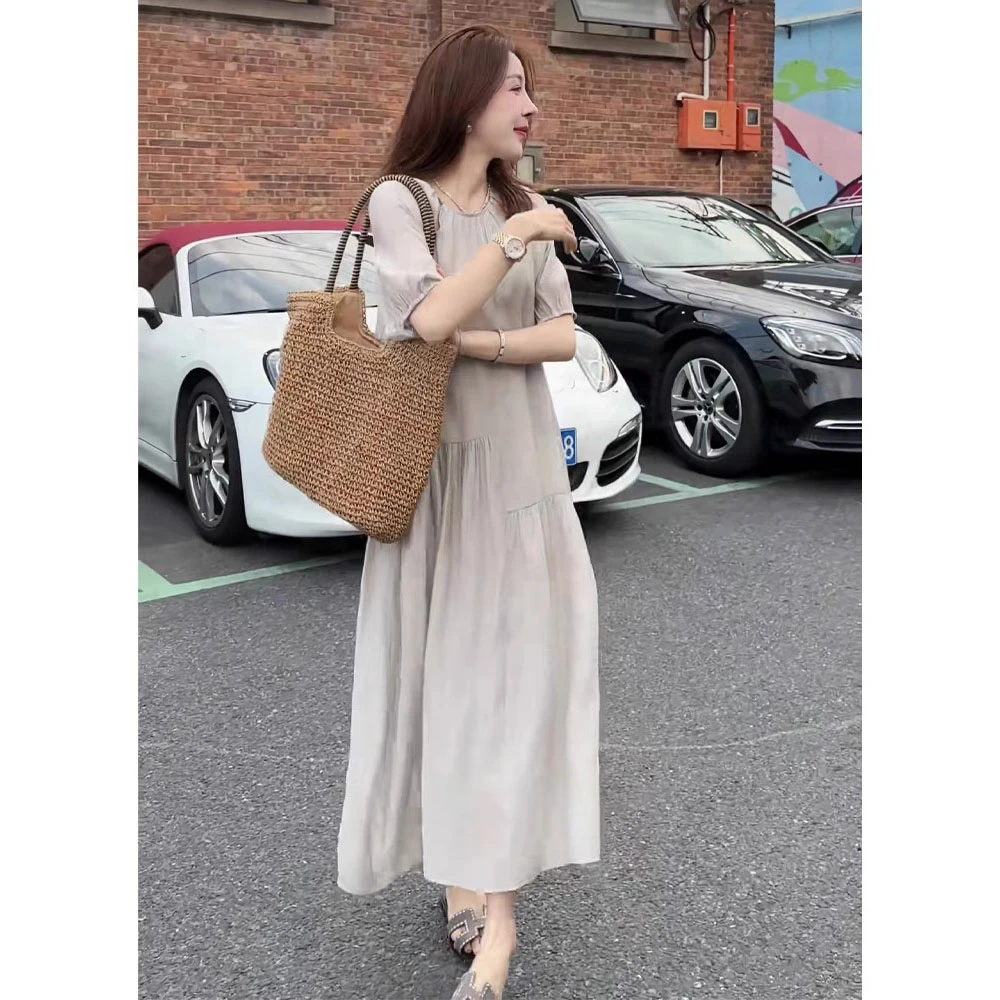 慵懒风宽松垂感短袖连衣裙女2025夏季大码胖mm简约百搭气质裙子潮