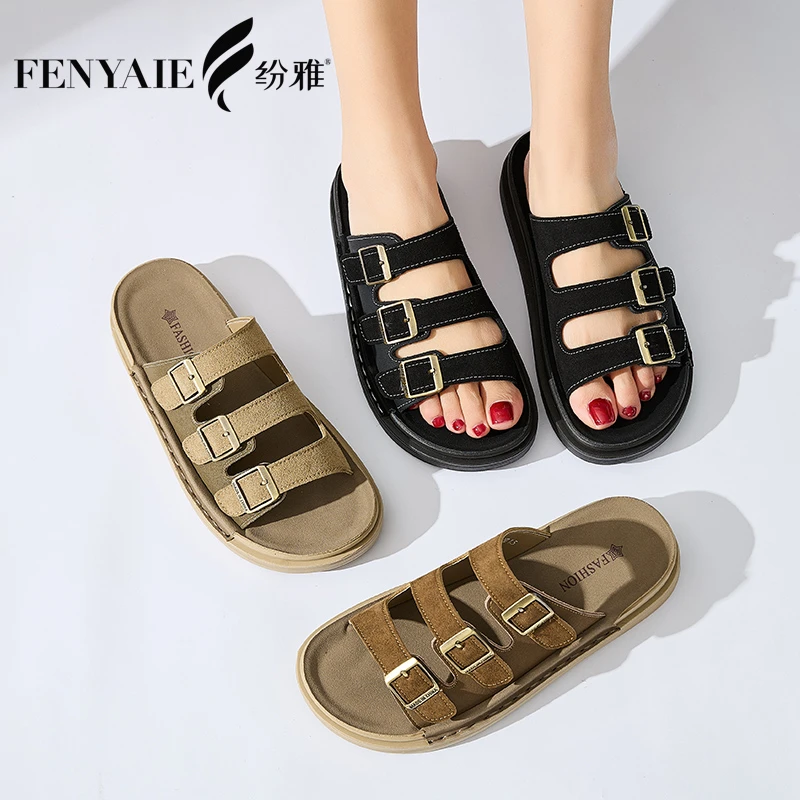 纷雅夏季新款露趾真皮凉鞋舒适时尚百搭平底沙滩平底凉鞋女款5293