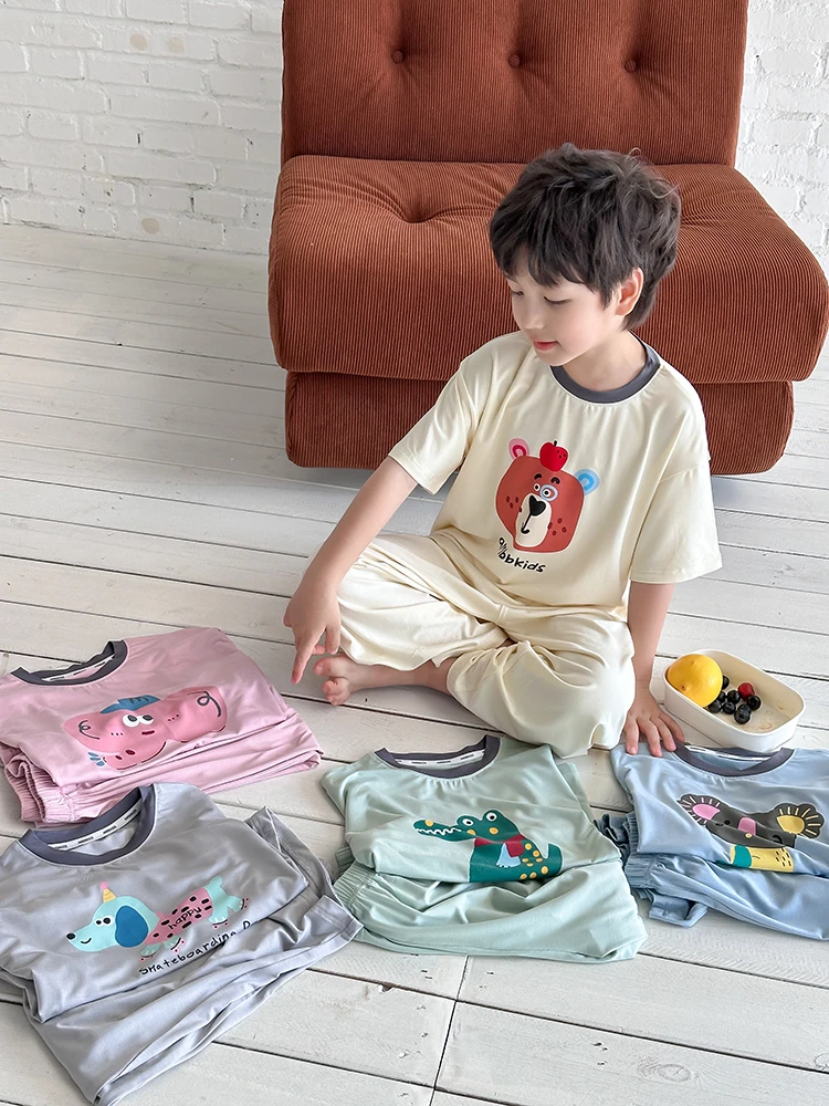 【依妈家】现货男童夏季高弹莫代尔睡衣套装卡通亲肤家居服25B142