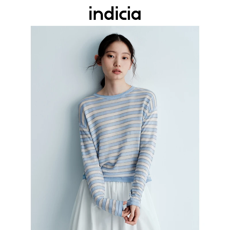 indicia标记25夏新款欧若风薄款长袖条纹针织蓝色罩衫L2B5ZZ035