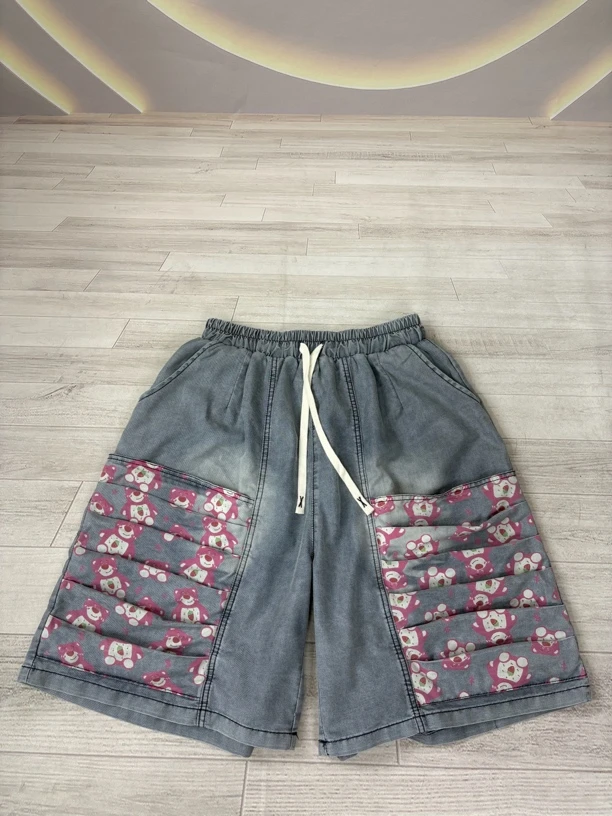 万能松紧腰头牛仔双拼熊薄款均码五分裤