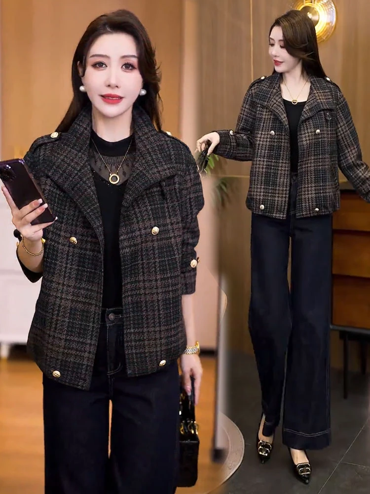 【有运费险】格纹短外套女2025秋季新款时髦洋气宽松短款休闲厚上衣