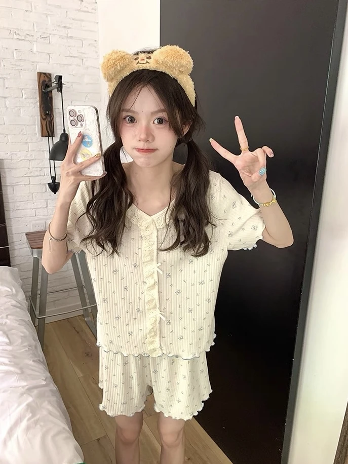 【奶油小熊】法式蕾丝花边小熊睡衣女夏季新款亲肤透气短袖家居服