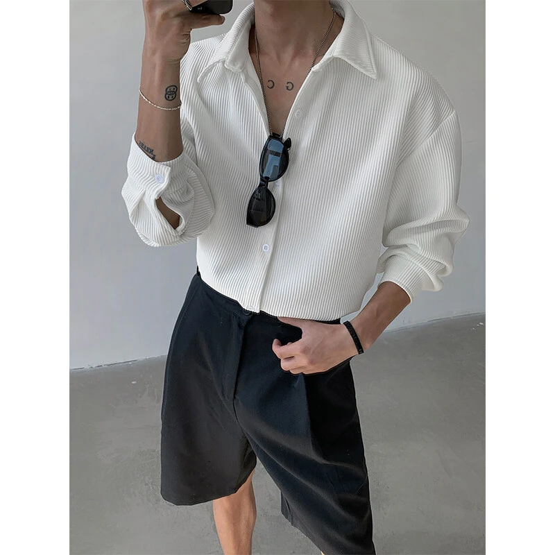 那不勒斯轻熟风白色长袖衬衫男生春秋季高级感条纹肌理感内搭衬衣