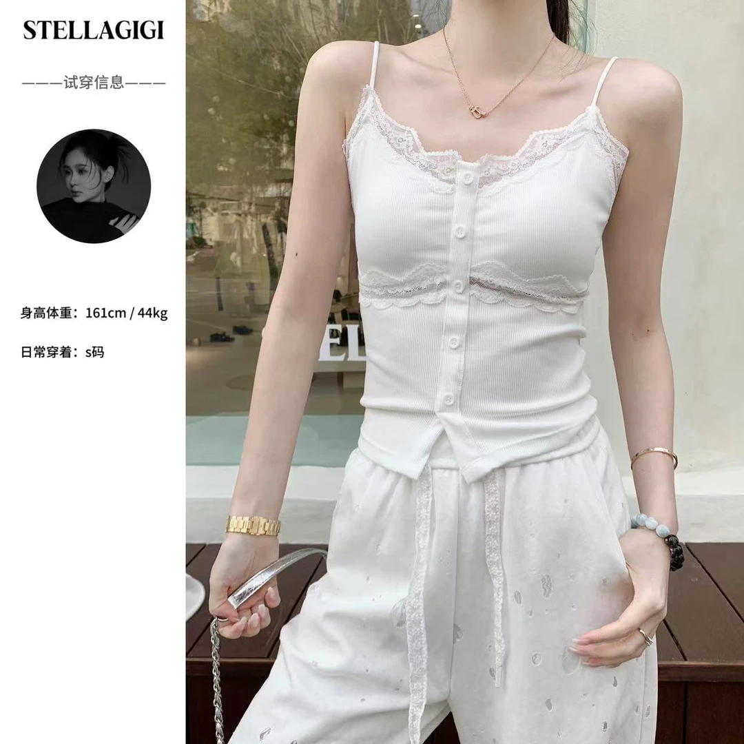 SG / 郭幂幂 SS 蕾丝花边吊带 单排扣拼接细肩带背心BX-20250160