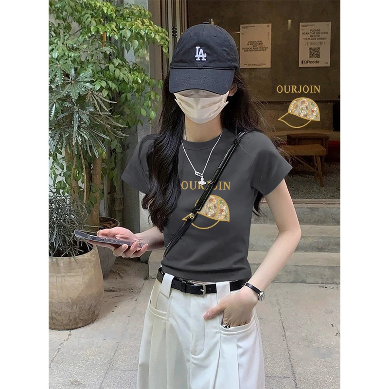 高级感灰色纯棉短袖T恤女夏季修身高端大牌正肩小个子短款上衣