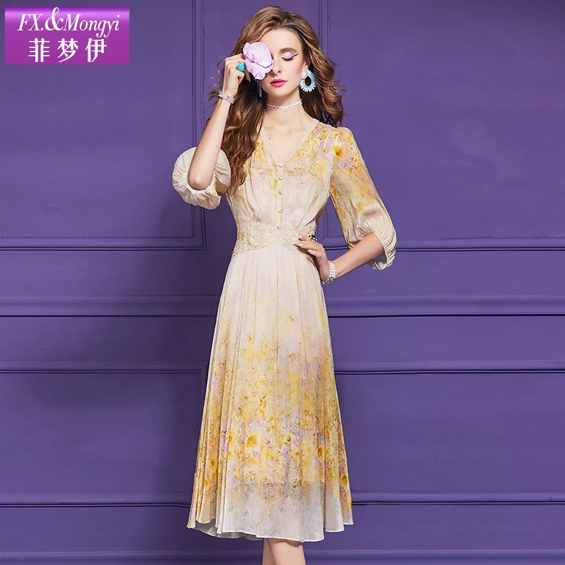 菲梦伊新款【桑蚕丝+亚麻】时尚连衣裙65662